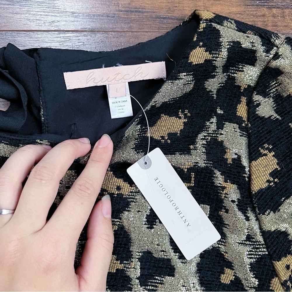 Hutch • Anthro Leopard Top metallic brocade gold black boxy bow neck - Picture 5 of 10